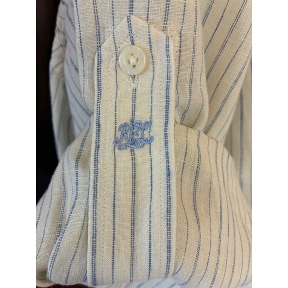 LAUREN Ralph Lauren Off White Blue Stripe 100% Linen Button Up Blouse Size 2X - Picture 8 of 8